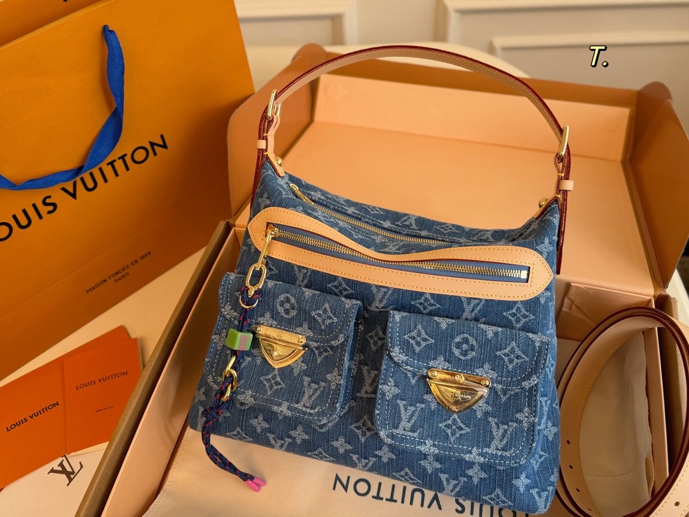 Louis Vuitton Blue Denim Monogram Multi Pocket Hobo Shoulder Bag